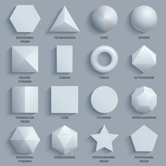 Top view realistic white math basic 3d shapes vector set. Three dimensional geometric figures