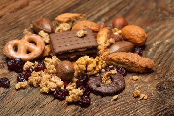 Fototapeta premium cereal biscuits with chocolate and dried fruits