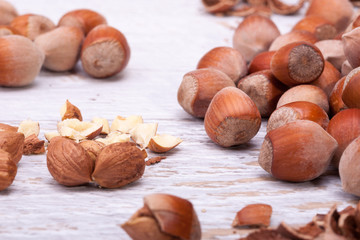 Hazelnuts on white wooden background in studio photo
