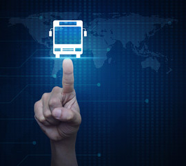 Hand pressing bus flat icon over digital world map technology style, Business transportation service conceptElements of this image furnished by NASA