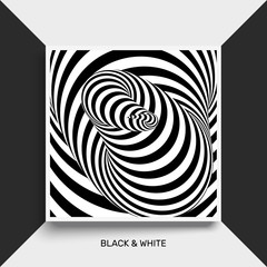 Tunnel. Optical illusion. Black and white abstract striped background. Cover design template. 3D vector illustration.