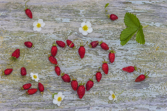 alpine strawberries heart shape on old painted wooden background