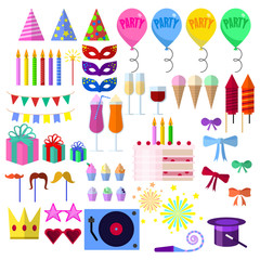Celebration party elements collection, Carnival festive flat icons set, Colorful symbols pack contains - hat, mask, balloon, fireworks, gift, birthday cake. Vector illustration. Flat style design