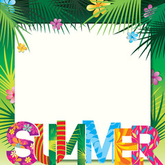 Fototapeta na wymiar Summer frame design with pattern of typography and palm leaf, flowers on green natural background.