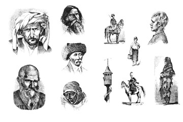Engravings, illustrations of people of different nationalities.