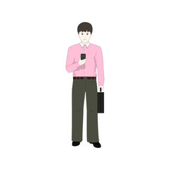 European Man with a Phone and a Briefcase Isolated on White Background, Businessman in a Pink Shirt and Gray Pants , Vector Illustration