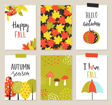 Set of artistic creative autumn cards. Hand Drawn elements. Design for poster, card, invitation, placard, brochure, flyer. Vector templates