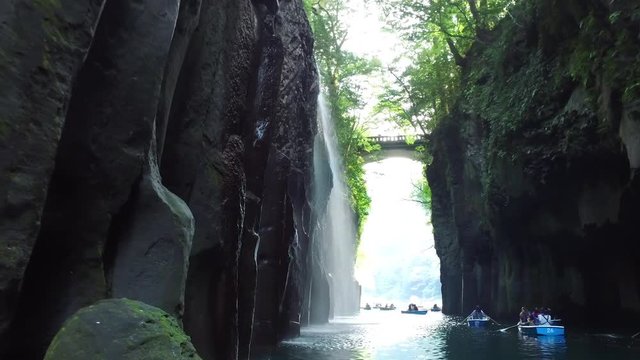 POV of Takachiho, Manai fall of gorge creek. Shot from the moving boat.
