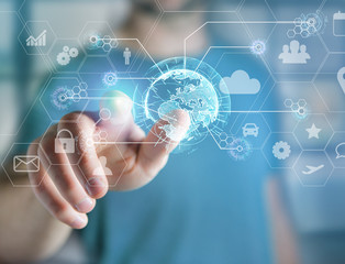 International business network connection displayed on a futuristic interface with technology icon and sphere globe - Worldwide business concept