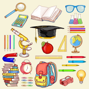 Education elements vector. Education objects back to school collection hand drawn elements