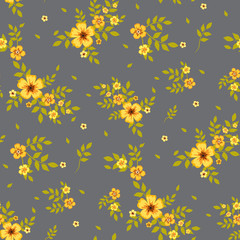 Seamless floral pattern. Background in small yellow flowers on a gray background for textiles, fabric, cotton fabric, covers, wallpaper, print, gift wrapping, postcard, scrapbooking.