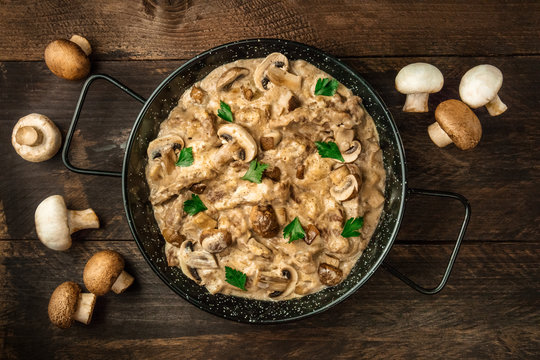 Mushroom beef stroganoff in pan with copy space