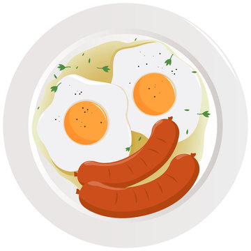 Fried eggs and sausages served on a dish. Vector illustration