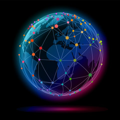 Global network, wires connecting colorful dots over earth, eps10 vector