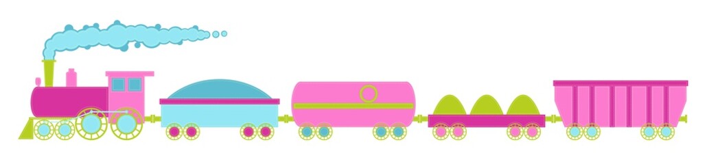 The locomotive and four cars, pink colors with decorative stitching on the loop