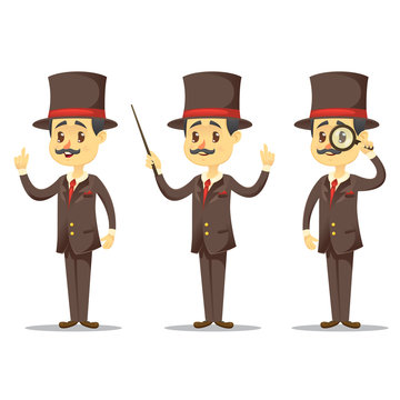 Vector Illustration - Funny Cartoon Victorian Gentleman In Various Poses Handsome English Businessman