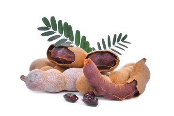 tamarind with leaves, tropical fruit isolated on white background
