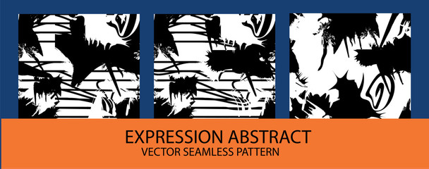 Set of Vector monochrome seamless pattern with ink brush strokes.