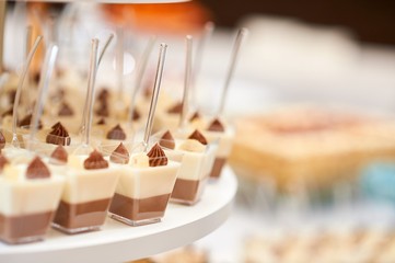 Cropped close up of vanilla cocoa mousse dessert in small portions copyspace restaurant eating dining food celebrating concept.