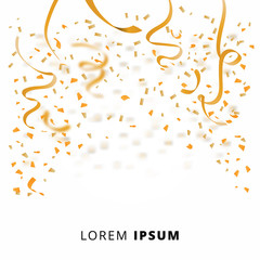 Celebration background with gold confetti and party ribbons. Happy New Year. Vector illustration.