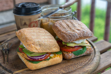  Ciabatta sandwich with poached egg and  peanut butter