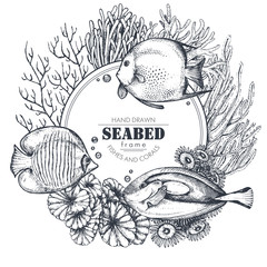 Monochrome frame with hand drawn reef corals and exotic fishes © natality