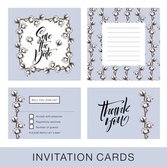 Vector wedding invitation card. Hand drawn cotton flowers with hand written inscription. Beautiful floral wedding design.