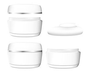 Blank white cosmetics product packaging vector set, cream tube, shampoo bottle, cream container isolated on white backgorund. Plastic bottle mockup illustration Web site page and mobile app design.