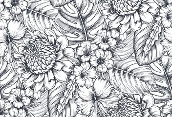 Fototapeten Vector seamless pattern with compositions of hand drawn tropical flowers and plants. © natality