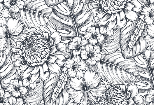 Vector seamless pattern with compositions of hand drawn tropical flowers and plants.