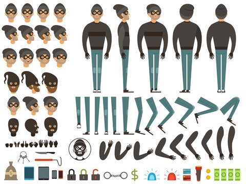 Mascot or character design of bandit. Vector creation kit with specific elements and different body parts