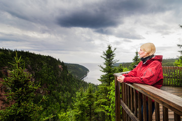 Naklejka premium Young Woman Looking at the Amazing Nature from an Observation Tower