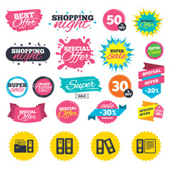 Sale shopping banners. Accounting icons. Document storage in folders sign symbols. Web badges, splash and stickers. Best offer. Vector