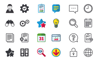 Fototapeta premium Accounting workflow icons. Human silhouette, cogwheel gear and documents folders signs symbols. Chat, Report and Calendar signs. Stars, Statistics and Download icons. Question, Clock and Globe. Vector