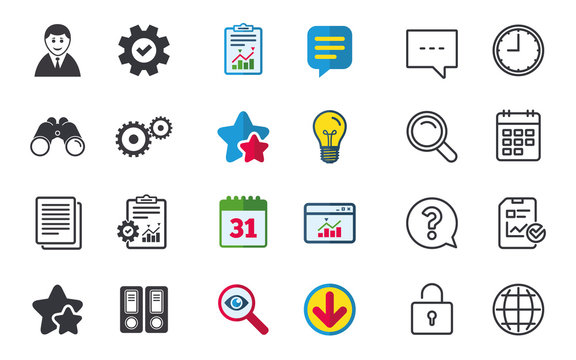 Accounting workflow icons. Human silhouette, cogwheel gear and documents folders signs symbols. Chat, Report and Calendar signs. Stars, Statistics and Download icons. Question, Clock and Globe. Vector
