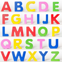 Alphabet bunter Holzbuchstaben, weißer Hintergrund