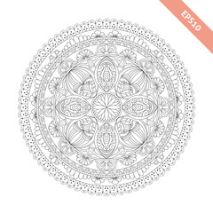 Black line floral  round ornament. Mandala isolated on white background. Background, cover. Design for adult coloring book page.
