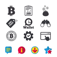 Bitcoin icons. Electronic wallet sign. Cash money symbol. Browser window, Report and Service signs. Binoculars, Information and Download icons. Stars and Chat. Vector