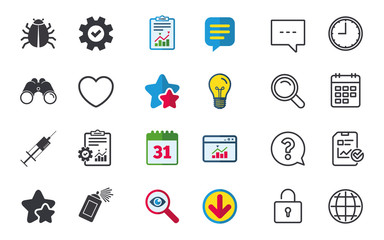 Bug and vaccine syringe injection icons. Heart and spray can sign symbols. Chat, Report and Calendar signs. Stars, Statistics and Download icons. Question, Clock and Globe. Vector