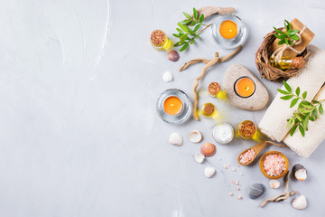 Spa wellness setting concept, background with essential oil soap cream