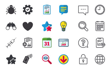 Bug and vaccine syringe injection icons. Heart and spray can sign symbols. Chat, Report and Calendar signs. Stars, Statistics and Download icons. Question, Clock and Globe. Vector