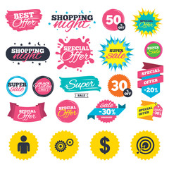Sale shopping banners. Business icons. Human silhouette and aim targer with arrow signs. Dollar currency and gear symbols. Web badges, splash and stickers. Best offer. Vector
