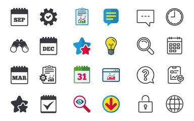 Calendar icons. September, March and December month symbols. Check or Tick sign. Date or event reminder. Chat, Report and Calendar signs. Stars, Statistics and Download icons. Vector