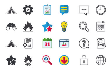 Tourist camping tent icons. Fire flame sign symbols. Chat, Report and Calendar signs. Stars, Statistics and Download icons. Question, Clock and Globe. Vector