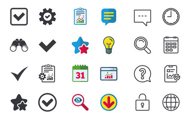 Check icons. Checkbox confirm circle sign symbols. Chat, Report and Calendar signs. Stars, Statistics and Download icons. Question, Clock and Globe. Vector