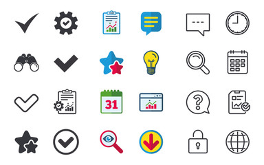 Check icons. Checkbox confirm circle sign symbols. Chat, Report and Calendar signs. Stars, Statistics and Download icons. Question, Clock and Globe. Vector