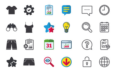 Clothes icons. T-shirt and bermuda shorts signs. Swimming trunks symbol. Chat, Report and Calendar signs. Stars, Statistics and Download icons. Question, Clock and Globe. Vector