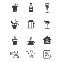 Coffee, tea icons. Beer, wine and cocktail signs. Soft and alcohol drinks symbols. Customer service, Shopping cart and Report line signs. Online shopping and Statistics. Vector