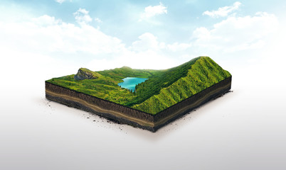 3d ilustracja glebowy plasterek, zielone góry z jeziorem odizolowywającym na białym tle - 164550907