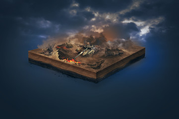 3d illustration of a soil slice, battle of tanks, world war, fire, smoke, explosions, isolated on dark background